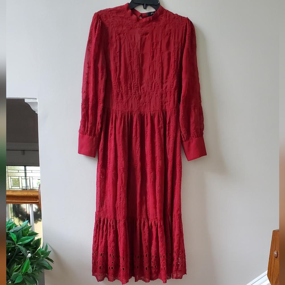 J.CREW Women Burgundy Long Sleeve Embroidered Maxi Dress